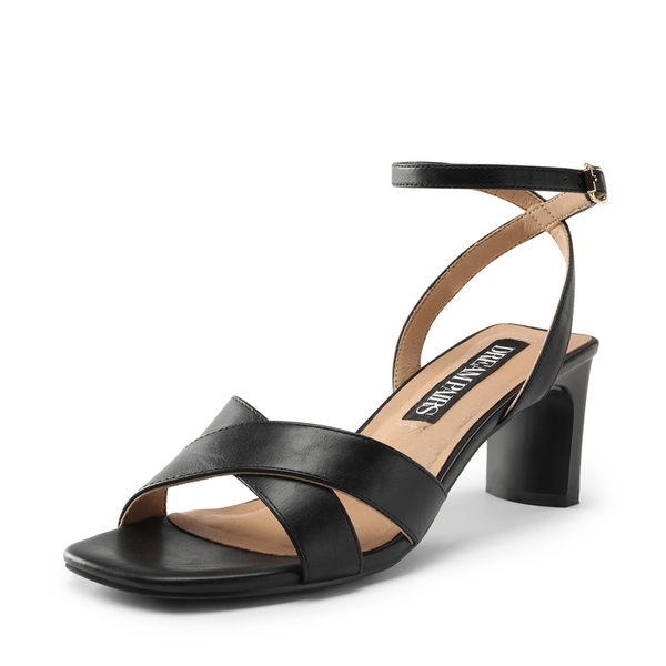 Criss Cross Ankle Strap Square Heel Sandals  - BLACK PU -  0
